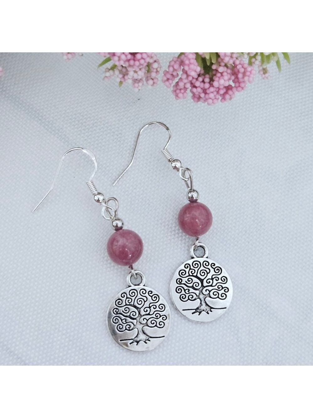Sterling Silver Tree Of Life Strawberry Quartz Earrings